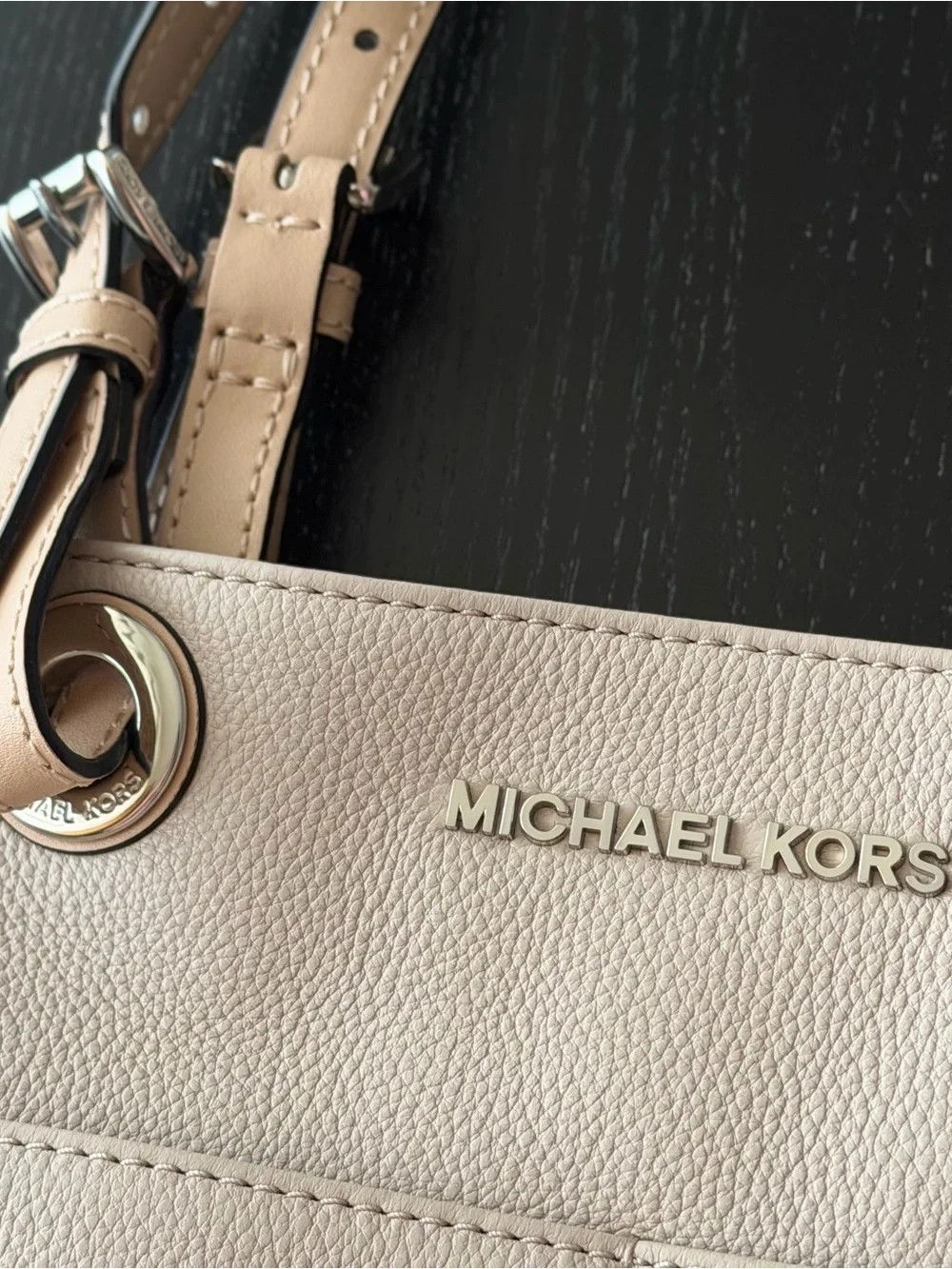 Michael Kors Light Beige Pebbled Leather Shoulder Bag with Gold Logo